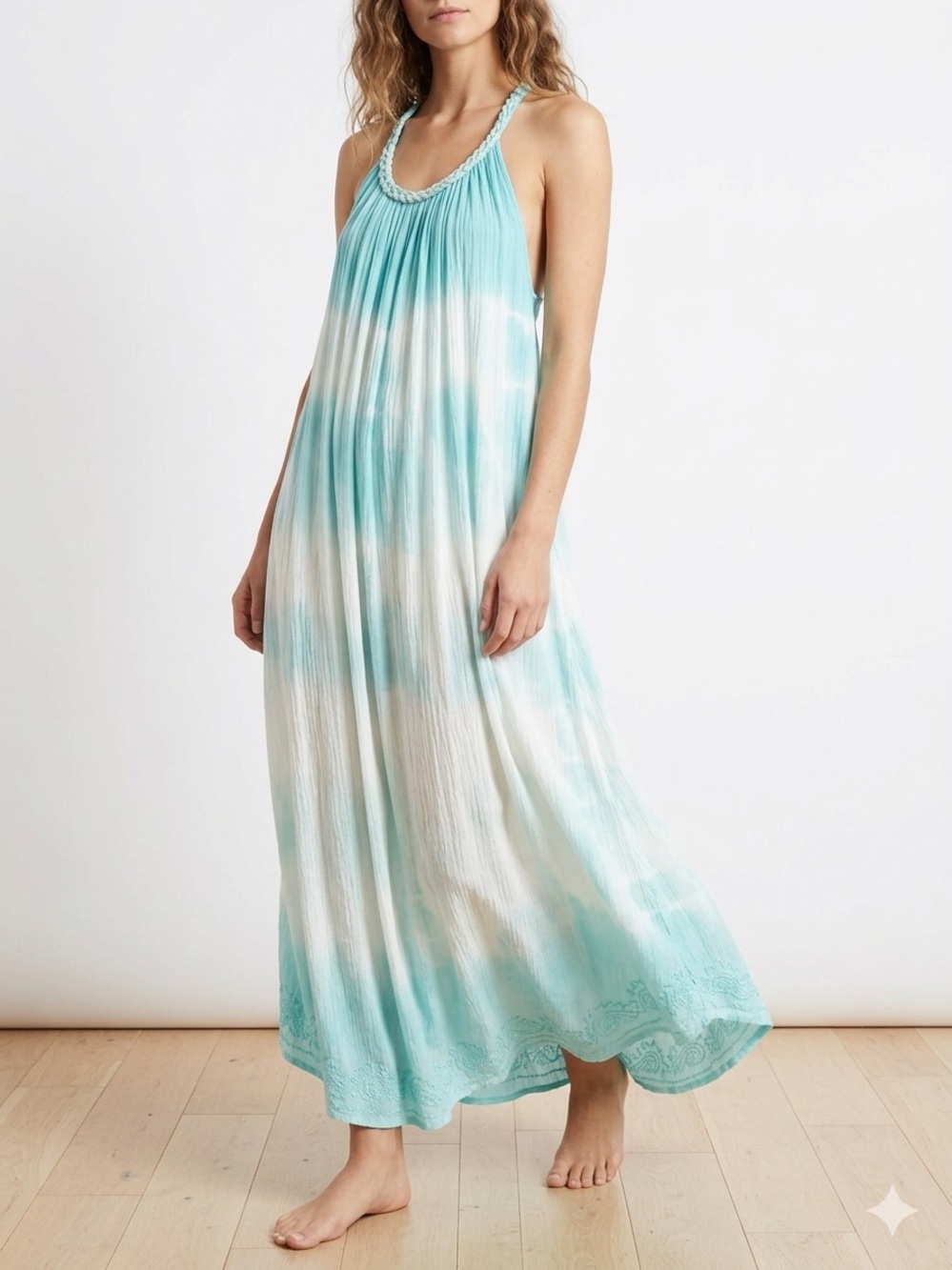 Vintage Light Aqua and Cream Tie-Dye Maxi Halter Dress Embroidered Details